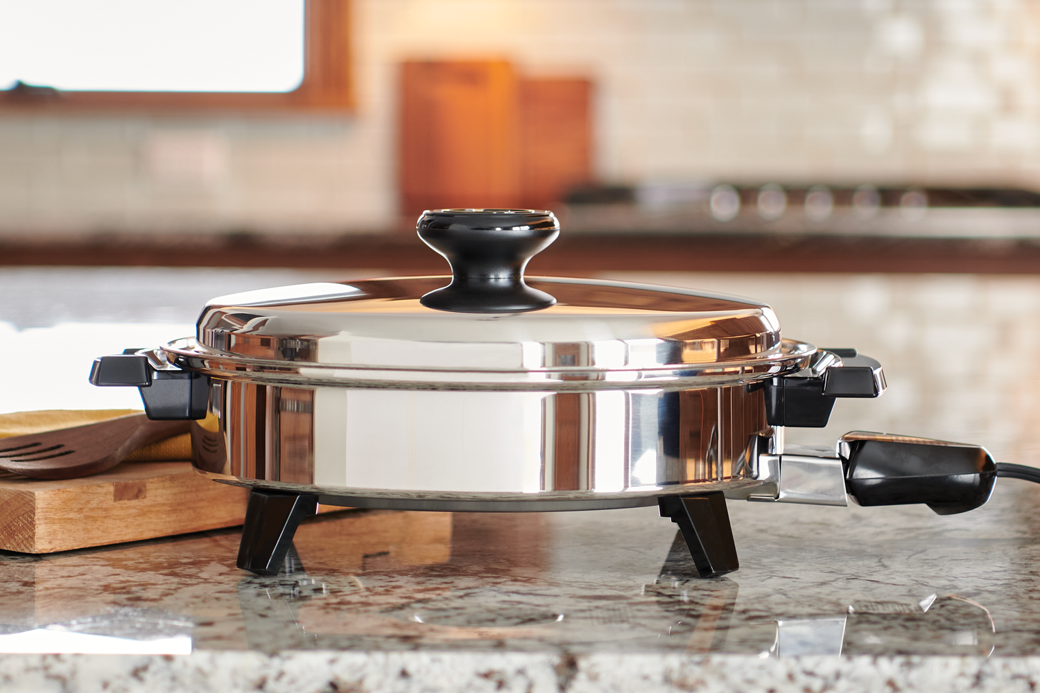 A Lifetime Cookware Liquid Core Skillet on a Granite Countertop