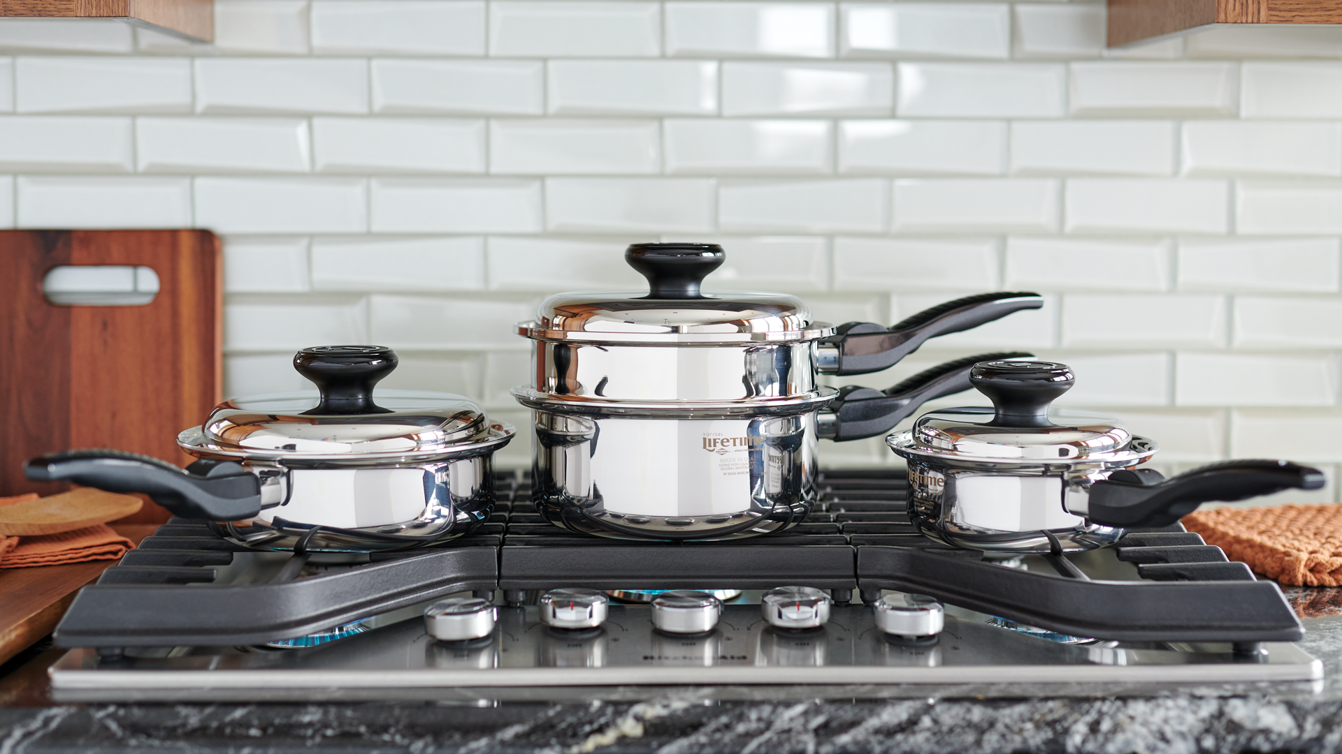 Three Lifetime Cookware Pots on a Stovetop